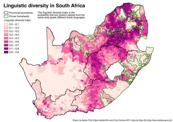 A map of South Africa showing the linguistic diversity index calculated on a 10-kilometre-wide hexagonal grid with former homeland boundaries overlaid