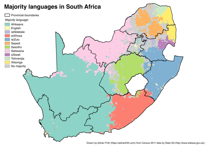 A map of South Africa showing the majority language calculated on a 10-kilometre-wide hexagonal grid