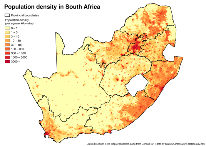 A map of South Africa showing the population density calculated on a 10-kilometre-wide hexagonal grid